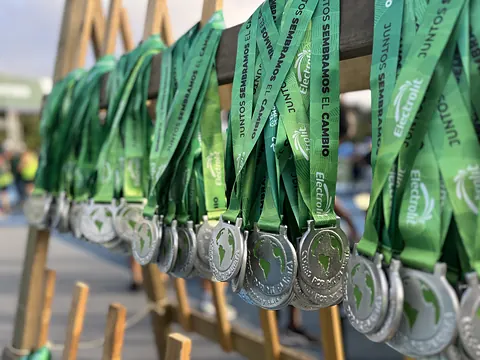 Medallas de finalista de Corro por mi Planeta con cintas verdes en un soporte de madera